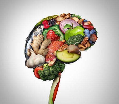 An arrangement of healthy foods including broccoli and carrots in the shape of a brain
