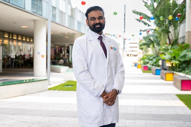 Dr. Shyam Sathanandam outside of APCP building at Nicklaus Children's Hospital
