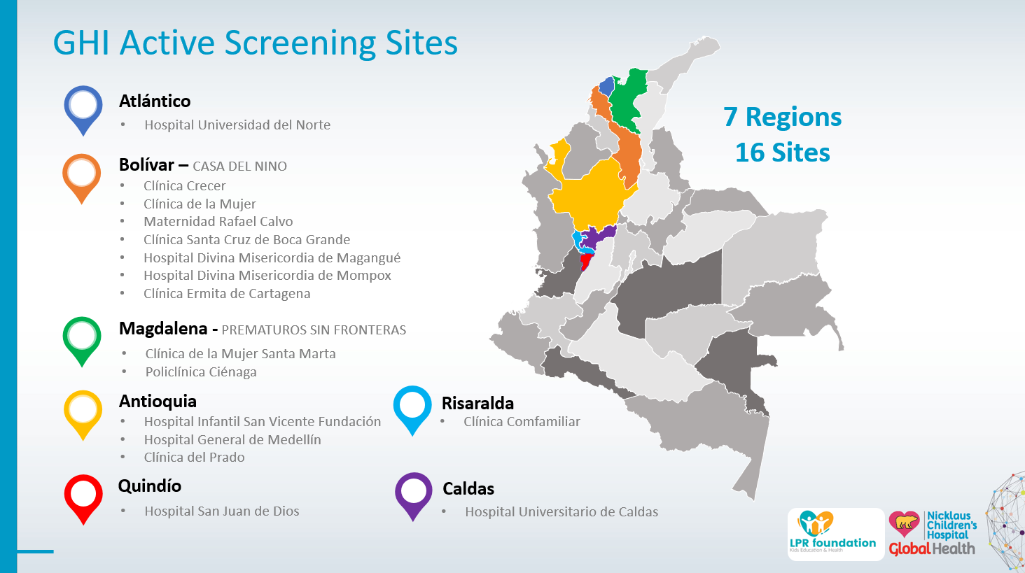mapa de Colombia con pines de ubicación para los centros