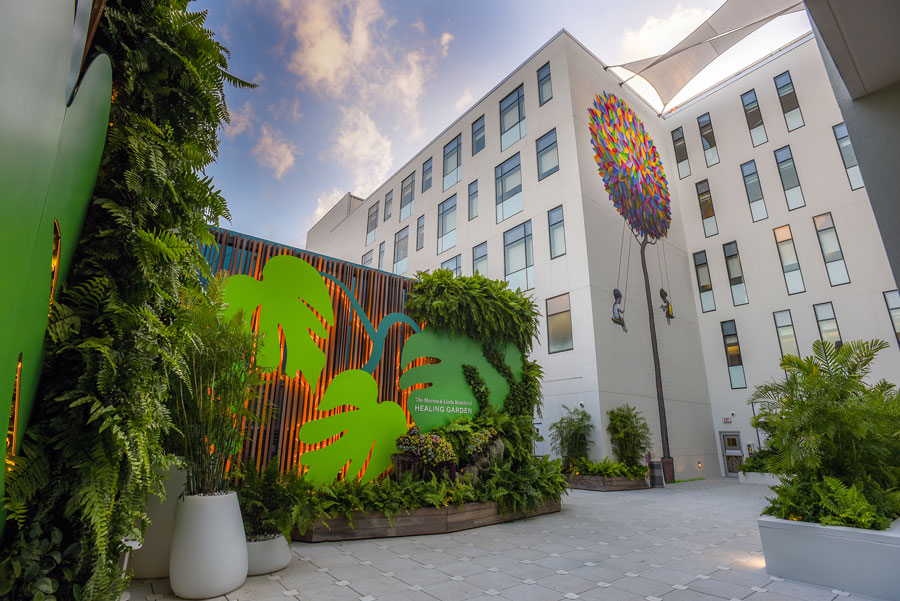 view of the garden and painted mural.