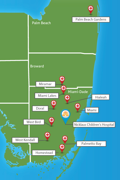 Map with location pins of urgent care centers