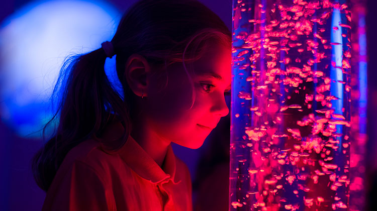 Niña interactuando con una lámpara tubo de burbujeo con luces de colores durante la sesión de terapia.