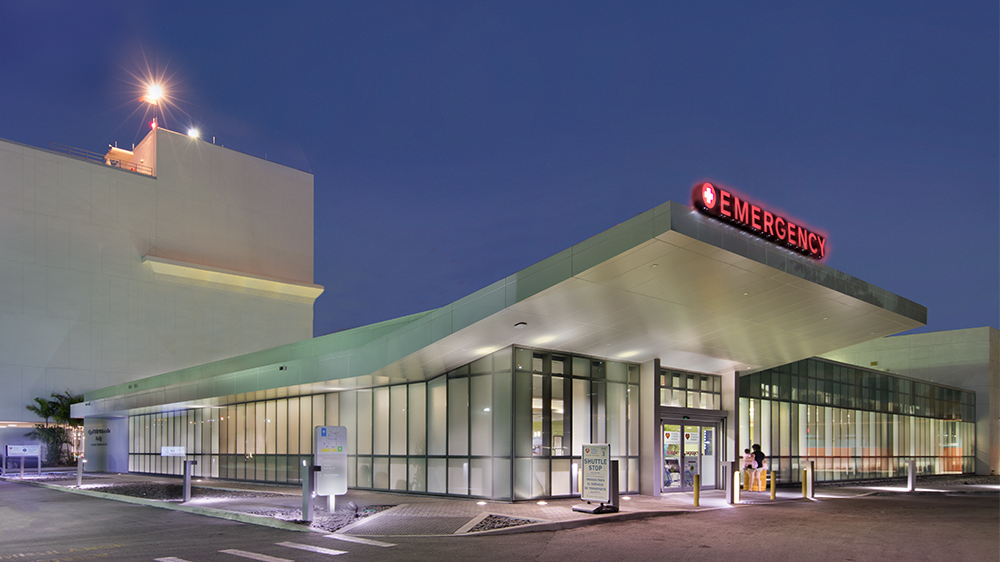 the entrance to the ER building at night time.