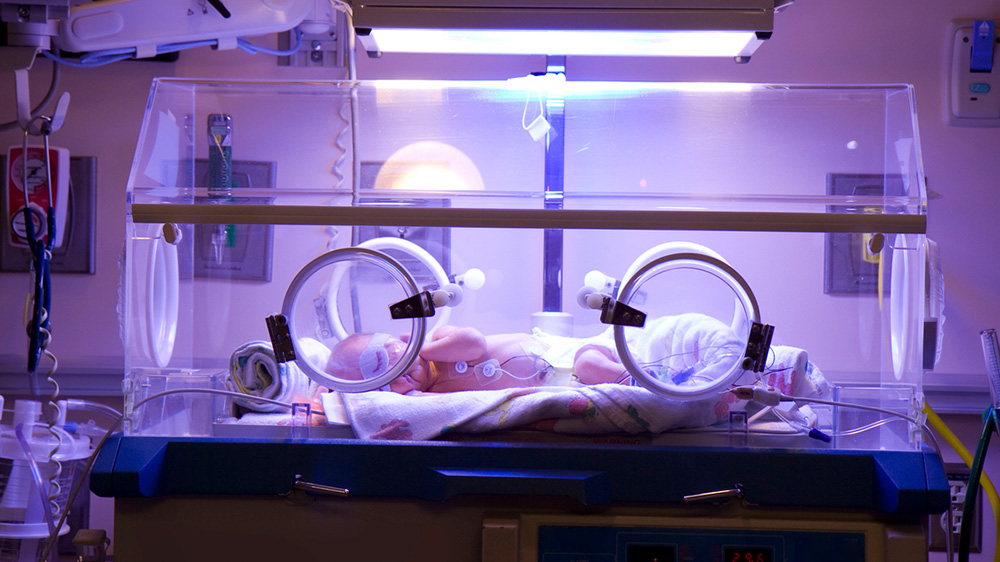 bebé dentro de incubador de cuidados intensivos