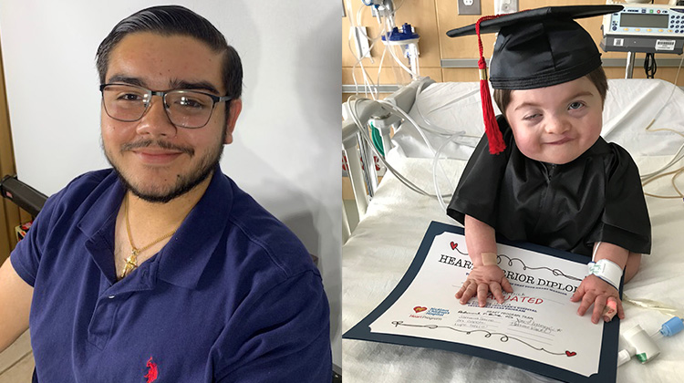 to the left smiling teenager Mark, to the right baby Tad graduating from cardiac intensive care