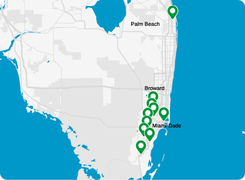map of south east florida with location pins.