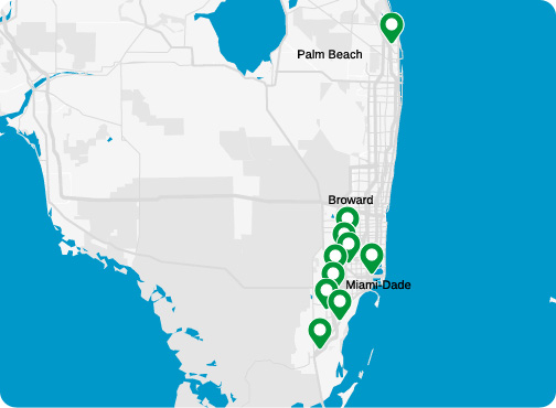 mapa del sur este de la florida marcando las ubicaciones.