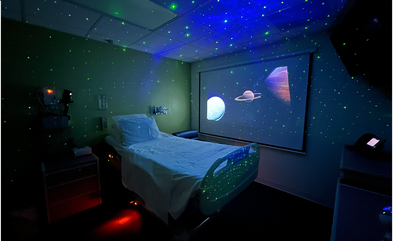 room with projected lights.