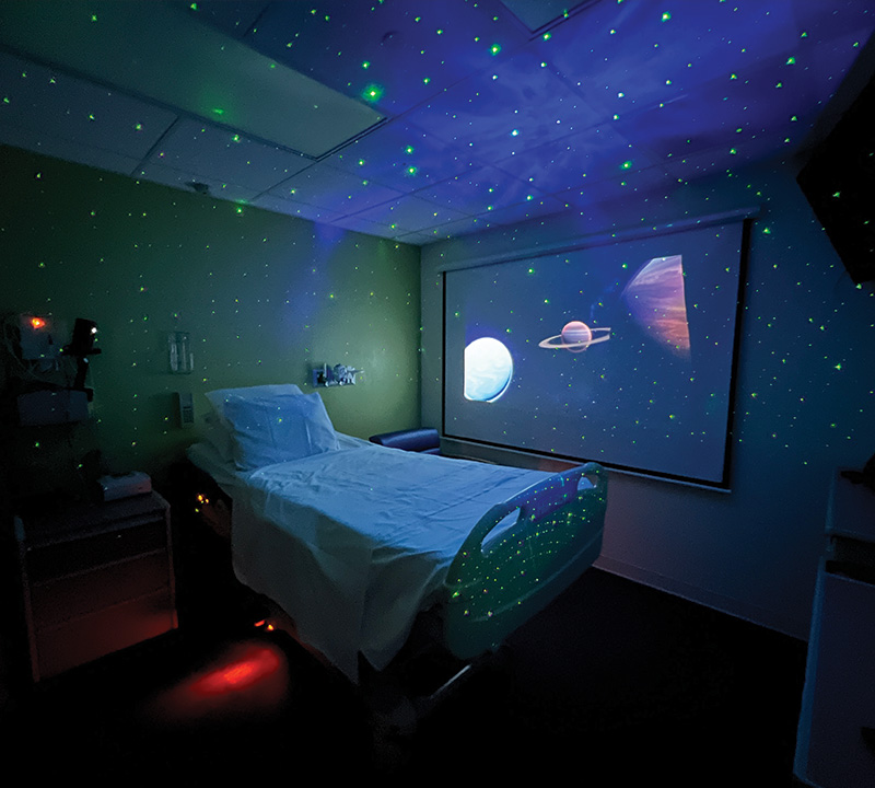 room with projected lights.