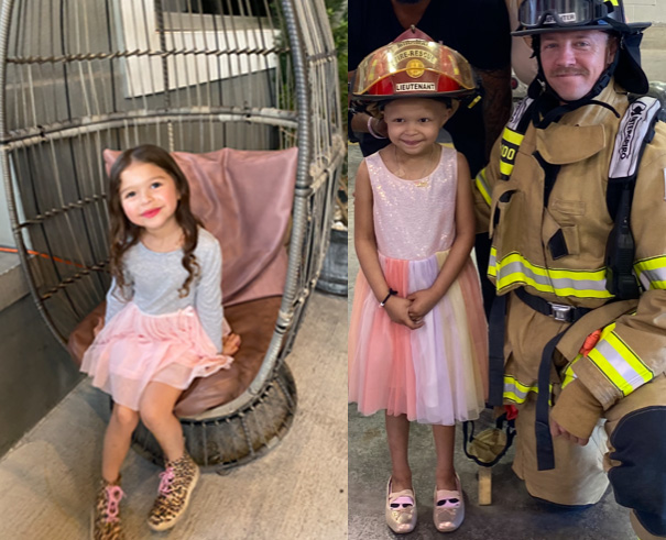 on the left, healthy gianna, on the right, gianna after treatment with her firefighter dad.