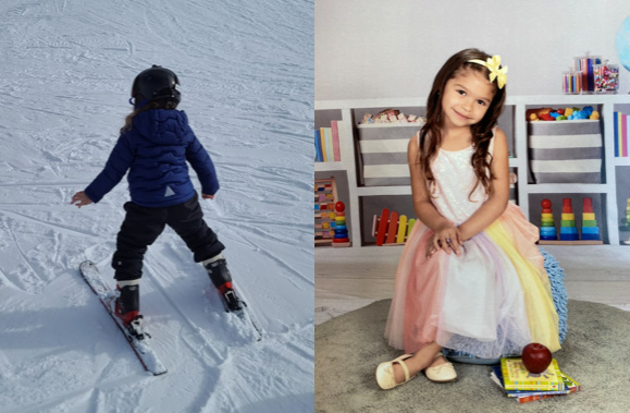 on the left, gianna skying in the snow, on the right, gianna wearing a dress.