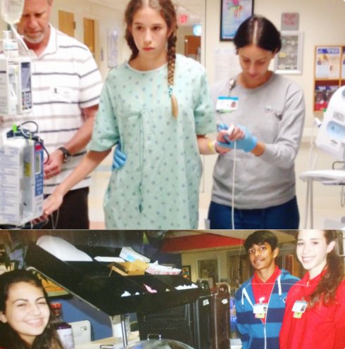 Photo grid; top shows Kimberly at the hospital, bottom shows Kimberly volunteering at the hospital