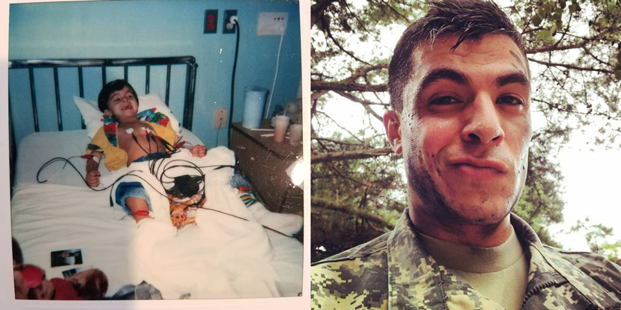 Photo grid of Harry as a small boy in his hospital bed. Photo of Harry as an adult in uniform.