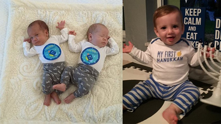 2 babies with matching Hanukkah shirts and another photo of a toddler also wearing a Hanukkah shirt.