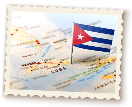 map depicting the island of cuba and a miniature cuban flag.