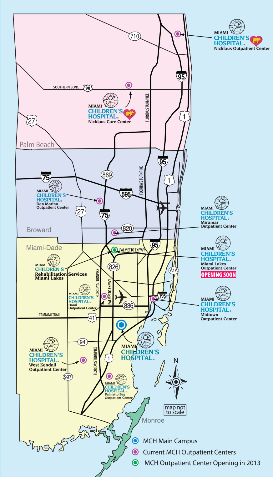 map of south east florida with pinpoints for center locations.