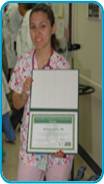 awardee wearing a headband of daisies, daisy award statue, and certificate.